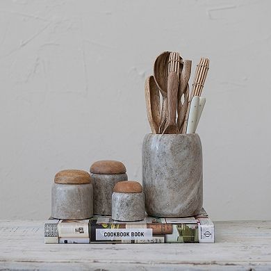 Storied Home Modern Marble Canister with Wood Lid