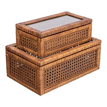Storied Home 2 pc Woven Rattan & Wood Display Boxes with Glass Top