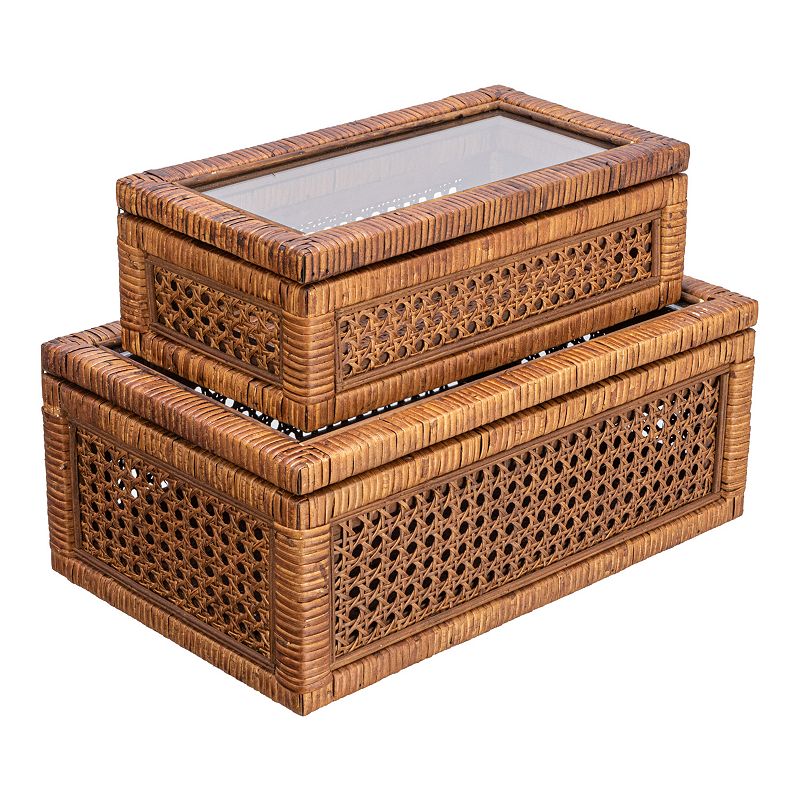 Storied Home 2-Piece Woven Rattan & Wood Display Boxes with Glass Top, Brown