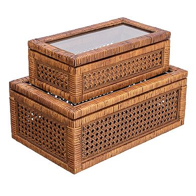 Storied Home 2-Piece Woven Rattan & Wood Display Boxes with Glass Top