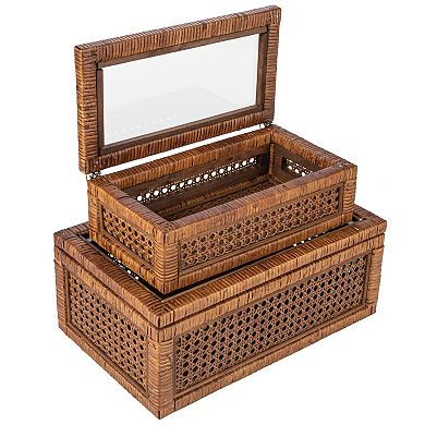 Storied Home 2-Piece Woven Rattan & Wood Display Boxes with Glass Top