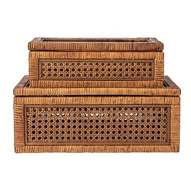Storied Home 2-Piece Woven Rattan & Wood Display Boxes with Glass Top