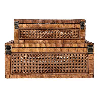 Storied Home 2-Piece Woven Rattan & Wood Display Boxes with Glass Top