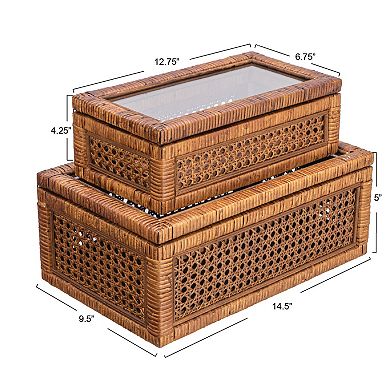 Storied Home 2-Piece Woven Rattan & Wood Display Boxes with Glass Top