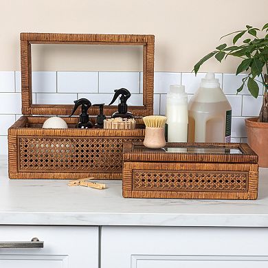 Storied Home 2-Piece Woven Rattan & Wood Display Boxes with Glass Top
