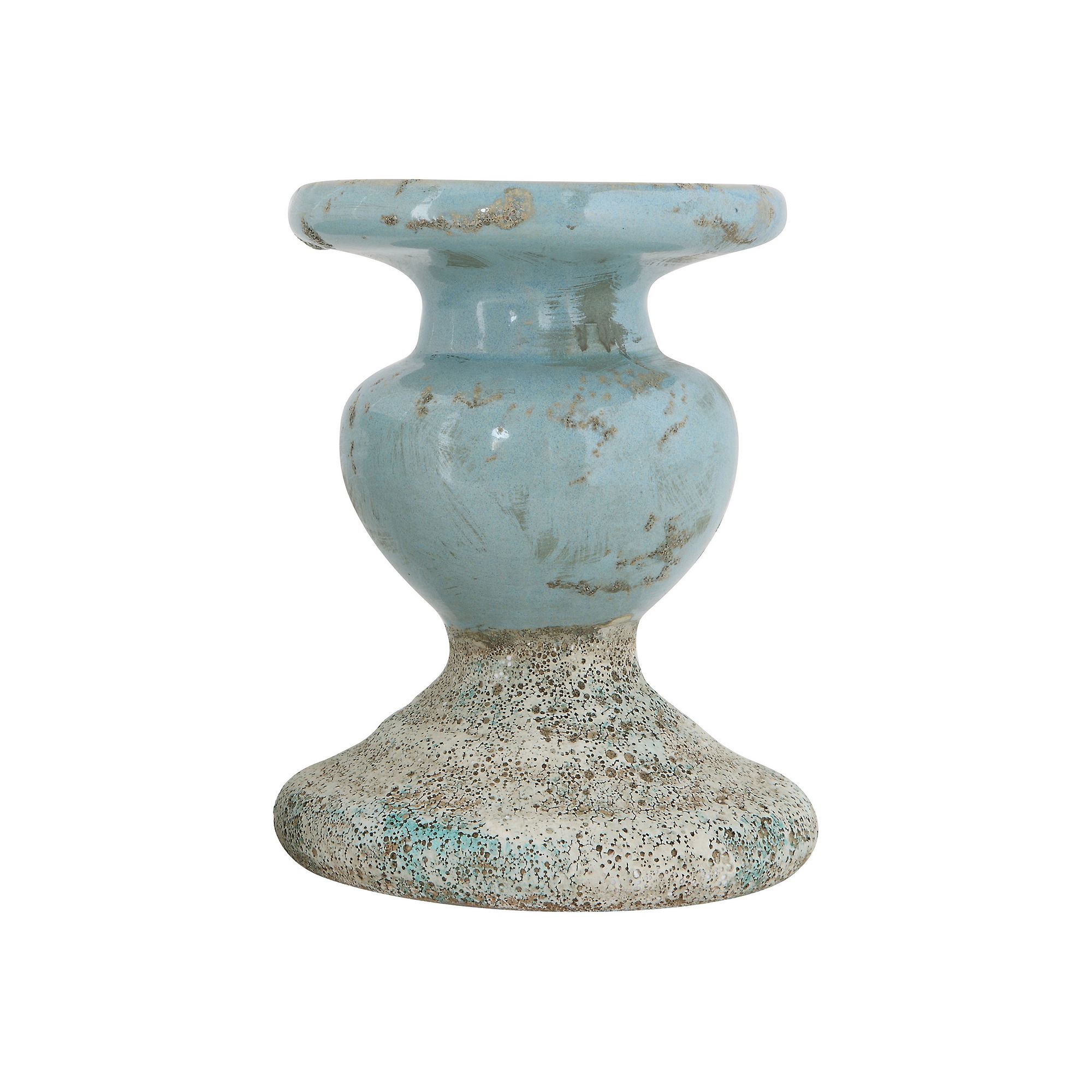Storied Home Distressed Round Terracotta Pillar Candleholder, Blue