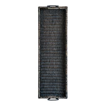 Storied Home Black Rattan & Wood Tray with Handles