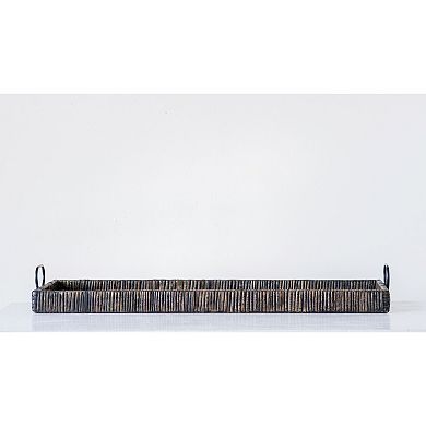 Storied Home Black Rattan & Wood Tray with Handles
