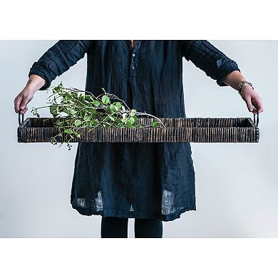 Storied Home Black Rattan & Wood Tray with Handles