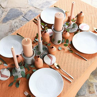 Storied Home Stoneware Pillar & Taper Candle Holders - Set of 2