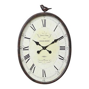 Storied Home Antique Bronze Finish Metal Oval Wall Clock with Bird