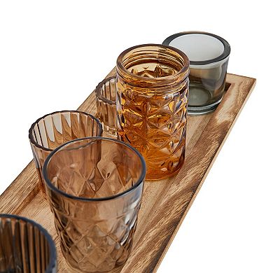 Storied Home 9 Round Multi-Color Glass Votive Holders on Wood Tray Table Decor