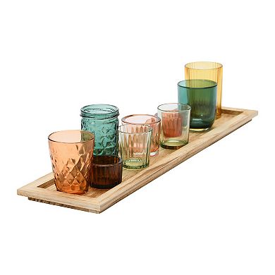 Storied Home 9 Round Multi-Color Glass Votive Holders on Wood Tray Table Decor