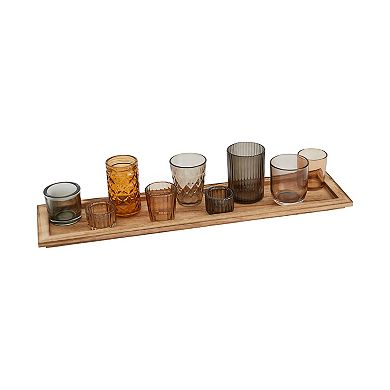 Storied Home 9 Round Multi-Color Glass Votive Holders on Wood Tray Table Decor