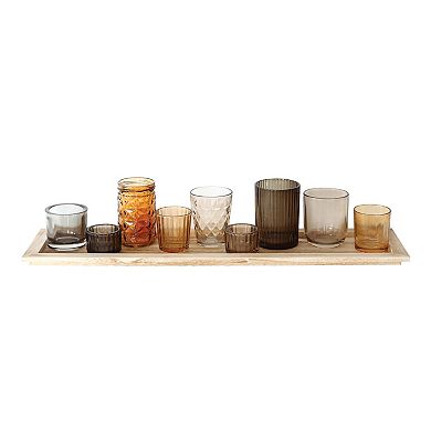 Storied Home 9 Round Multi-Color Glass Votive Holders on Wood Tray Table Decor