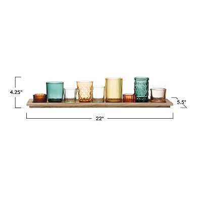 Storied Home 9 Round Multi-Color Glass Votive Holders on Wood Tray Table Decor