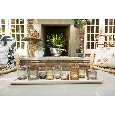 Storied Home 9 Round Multi-Color Glass Votive Holders on Wood Tray Table Decor