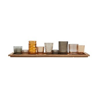 Storied Home 9 Round Multi-Color Glass Votive Holders on Wood Tray Table Decor