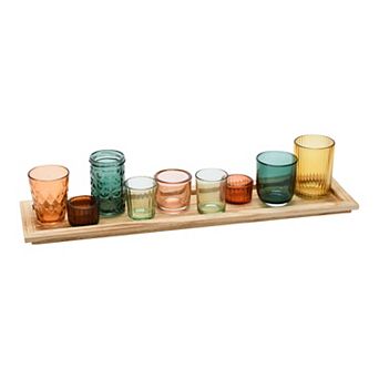 Storied Home 9 Round Multi-Color Glass Votive Holders on Wood Tray Table Decor