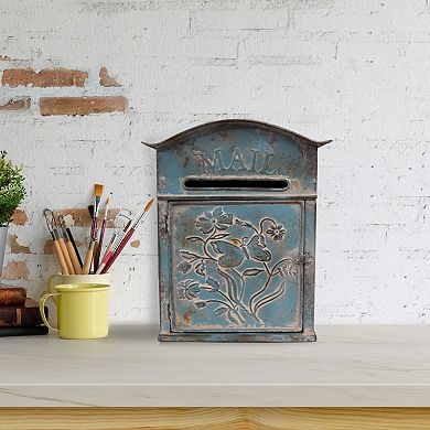 Storied Home Distressed Blue Embossed Tin "Mail" Box