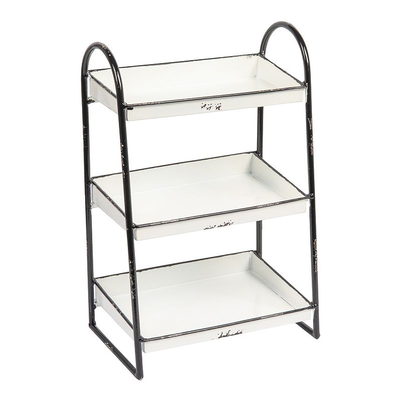 Storied Home 3-Tier Metal Tray with Black Frame and Rim Heavily Distressed White: Fixed Shelves, No Assembly Required