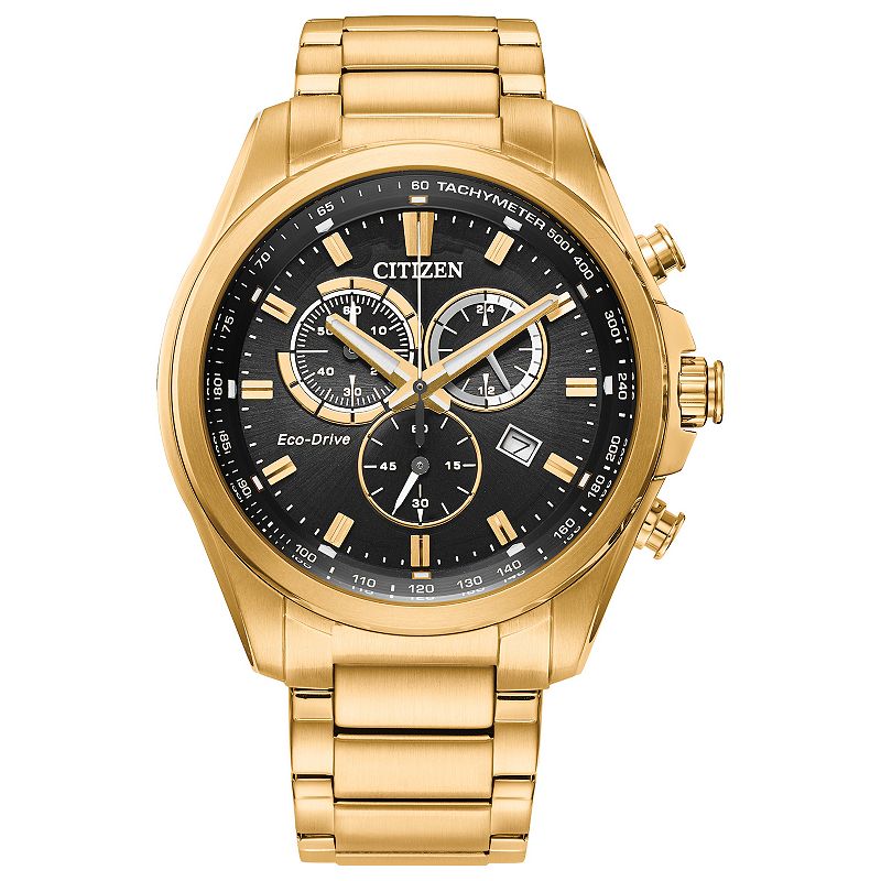 Citizen Men's Eco-Drive Weekender Sport Gold Tone Stainless Steel Black Chronograph Dial Bracelet Watch - AT2132-53E, Size: Large