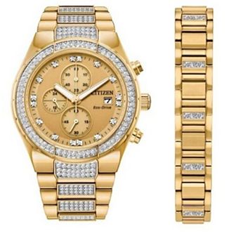 Citizen Men's Eco-Drive Crystal Accent Gold Tone Stainless Steel Watch & Bracelet Box Set - CA0752-66P