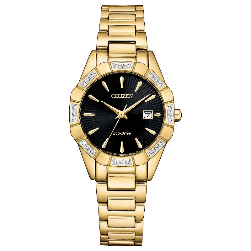 Citizen Women's Eco-Drive Gold Tone Stainless Steel Diamond Accent Black Dial Bracelet Watch - EW2652-55E, Size: Small