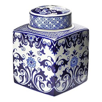 Storied Home Decorative Square Blue & White Ceramic Ginger Jar & Lid