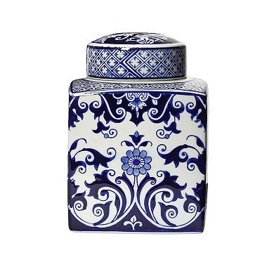 Storied Home Decorative Square Blue & White Ceramic Ginger Jar & Lid
