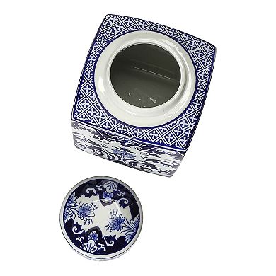 Storied Home Decorative Square Blue & White Ceramic Ginger Jar & Lid