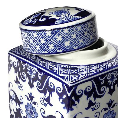 Storied Home Decorative Square Blue & White Ceramic Ginger Jar & Lid