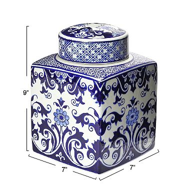 Storied Home Decorative Square Blue & White Ceramic Ginger Jar & Lid