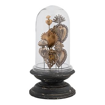 Storied Home Decorative Tin Sacred Hearts Wood Pedestal & Glass Cloche