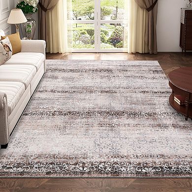 Garvee Indoor Vintage Damask Floral Rug Chenille Low Pile Thin Carpet