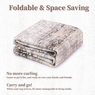 Garvee Indoor Vintage Damask Floral Rug Chenille Low Pile Thin Carpet