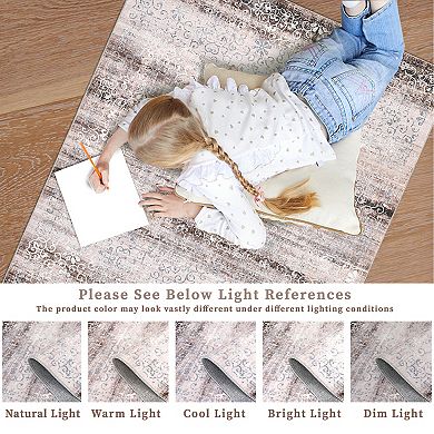 Garvee Indoor Vintage Damask Floral Rug Chenille Low Pile Thin Carpet