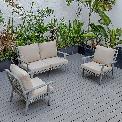 Leisuremod Walbrooke 3-piece Outdoor Patio Set With Grey Aluminum Frame And Removable Cushions