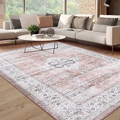 Garvee Distressed Floral Area Rug Vintage Washable Floor Cover