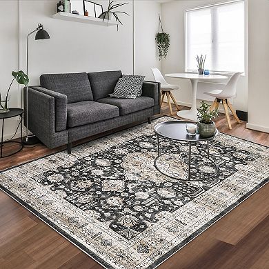 Garvee Distressed Floral Print Washable Area and Vintage Throw Rug