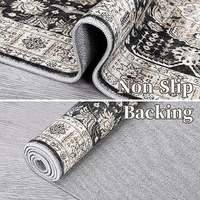 Garvee Distressed Floral Print Washable Area and Vintage Throw Rug