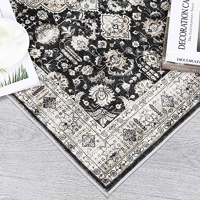 Garvee Distressed Floral Print Washable Area and Vintage Throw Rug