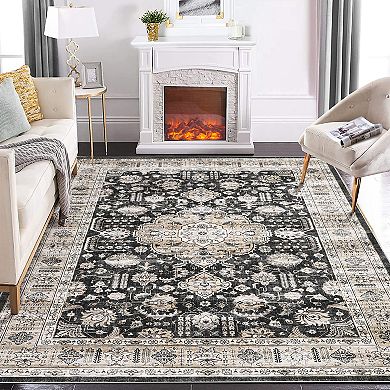 Garvee Distressed Floral Print Washable Area and Vintage Throw Rug