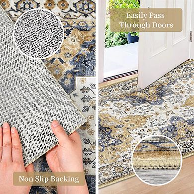 Garvee Washable Vintage Oriental Floral Rugs Low Pile Retro Accent Kitchen Carpet