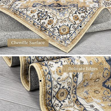 Garvee Washable Vintage Oriental Floral Rugs Low Pile Retro Accent Kitchen Carpet