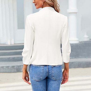 Women's 3/4 Sleeve Blazer Casual Open Front Cardigan Office Cropped Blazer Jacket