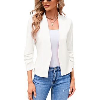 Women's 3/4 Sleeve Blazer Casual Open Front Cardigan Office Cropped Blazer Jacket