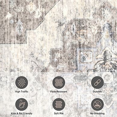 Garvee Vintage Medallion Washable Area Rug Soft Faux Wool Low Pile Stain Resistant Carpet