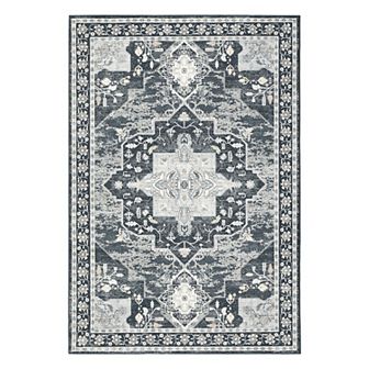 Garvee Vintage Medallion Washable Area Rug Soft Faux Wool Low Pile Stain Resistant Carpet