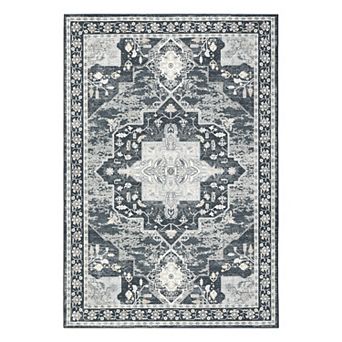 Garvee Vintage Medallion Washable Area Rug Soft Faux Wool Low Pile Stain Resistant Carpet